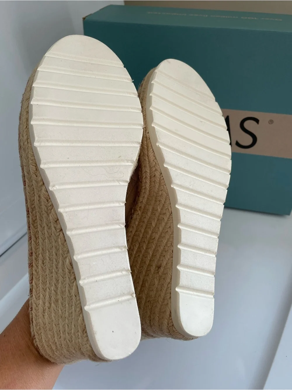 TOMS Blush Pink Canvas Espadrille Wedge Slides Monica Mule NEW in BOX